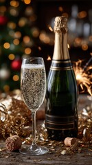 Champagne Bottle Pops Against Dark Background With Confetti And Fireworks