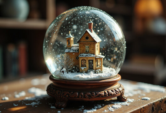 A snow globe containing a tiny, snow-covered wooden house and a bare tree sits on a carved wooden base, reflecting warm indoor light. - Powered by Adobe