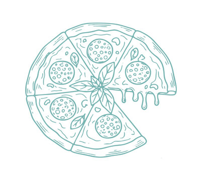 A hand drawn illustration of a pepperoni pizza, topped with basil and melty cheese. One slice is missing from the italian dish.