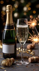 Champagne Bottle Popping Against Dark Background with Confetti and Fireworks
