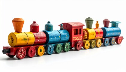 Fototapeta premium Colorful wooden toy train set with multiple carriages and engine on a white background