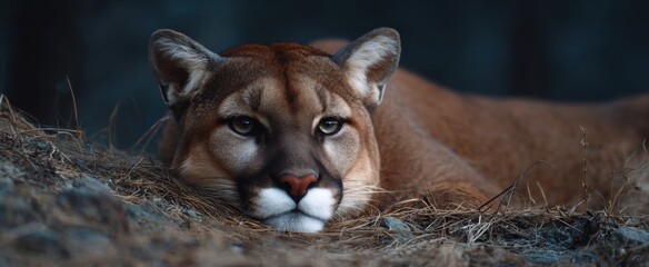 Obraz premium The mountain lion is a silent shadow lounging lazily on the ground.