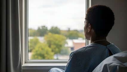 Female Patient in Hospital Gown Looking Out a Window