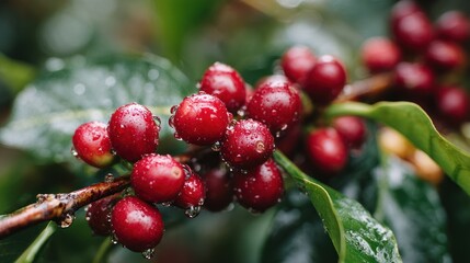 Fototapeta premium Glossy red berries and green leaves covered with dew drops on a branch, close-up view