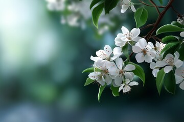 Obraz premium Illustration of a blooming pear tree in spring, featuring delicate white flowers and lush green leaves, creating a serene and vibrant atmosphere with copy space