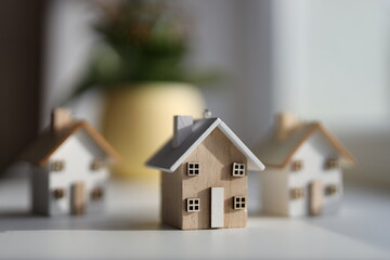 Miniature wooden houses decor on sunlit surface