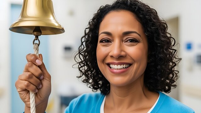 Smiling Woman Ringing a Golden Bell in a Bright Interior