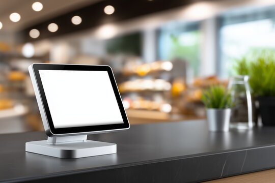 Checkout counter with modern digital payment terminal and minimalistic design, featuring greenery and blurred bakery items in the background, creating an inviting retail atmosphere