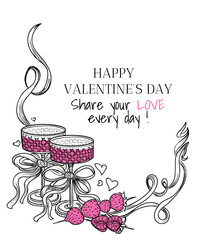 Vector decorative romantic frame with wine glasses, strawberries, and ribbon bows. Love invitation template. Valentine's Day decor