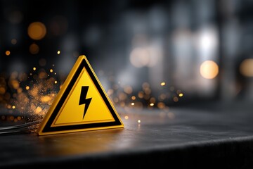 Bright yellow triangular electricity hazard sign with lightning bolt, set against a blurred background, conveying caution and safety in electrical environments with copy space