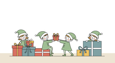 Christmas Elves Exchanging Gifts Holiday Celebration Illustration