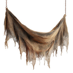 A tattered and torn piece of ancient fabric hanging with frayed edges isolated on transparent background