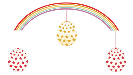 Whimsical easter eggs adorned with red and gold stars hang suspended from a colorful rainbow arch against a clean white background creating a festive and cheerful holiday scene