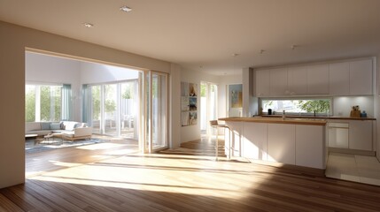 Fototapeta premium Bright open concept living space with modern kitchen and hardwood floors sunlight