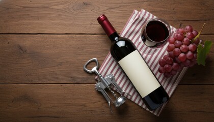 Dark red wine bottle, glass, grapes, and corkscrew are elegantly arranged on a striped napkin, resting on a rustic wooden table with ample copy space