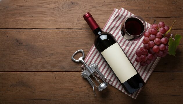 Dark red wine bottle, glass, grapes, and corkscrew are elegantly arranged on a striped napkin, resting on a rustic wooden table with ample copy space