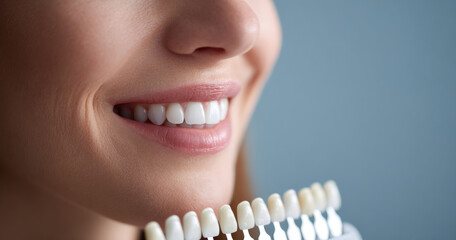 Close-up of smiling woman showing white teeth with dental shade guide for tooth color matching and dental care