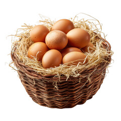 A woven basket filled with fresh brown eggs nestled in straw isolated on transparent background