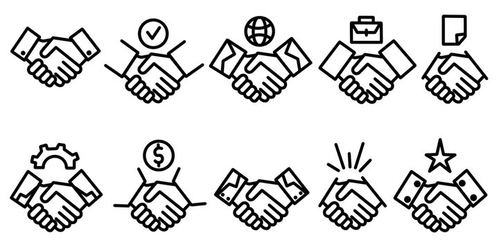 Business cooperation icons set, handshake symbols, partnership, teamwork, agreement, contract, global business, success, finance, deal, collaboration illustration line art.