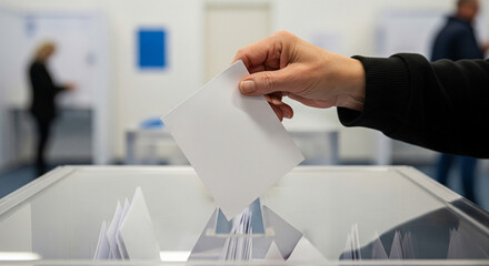 Parliamentary elections, hand holding ballot over ballot box opening