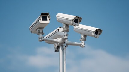Security surveillance cameras mounted on a pole against a bright blue sky with clouds, ideal for safety, monitoring, and technology themes