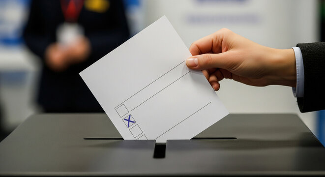 Parliamentary elections, hand holding ballot over ballot box opening