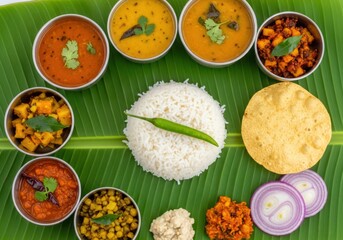 South indian thali with rice curries and vegetables served on banana leaf