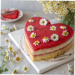 heart shaped cake with red topping decorated