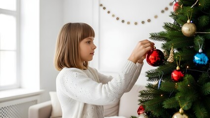 Girl decorating christmas tree with red ornament in bright room area