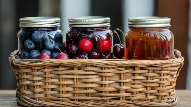 Video A colorful basket filled with jars of homemade jam and fresh cherries