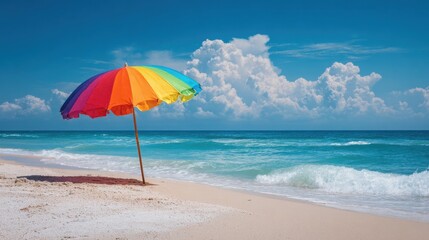 Fototapeta premium Vibrant Rainbow Umbrella on Serene Beach with Gentle Waves and Clear Blue Skies, Perfect for Summer Vacation and Relaxation Themes