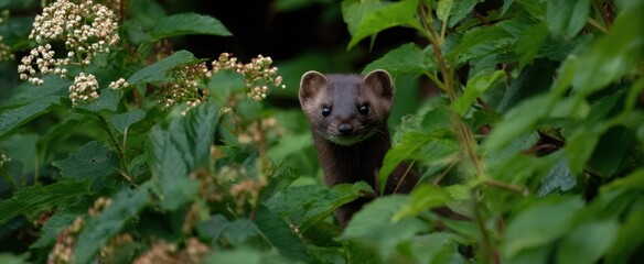 Obraz premium The weasel sneaking quietly through wild leaves and greenery.
