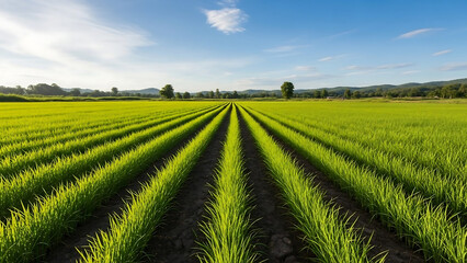 rice field in thailand, Young green onion plants grow in neat rows on fertile farm soil. Agricultural field stretches towards horizon under clear sky. Healthy crop cultivation on rural land.