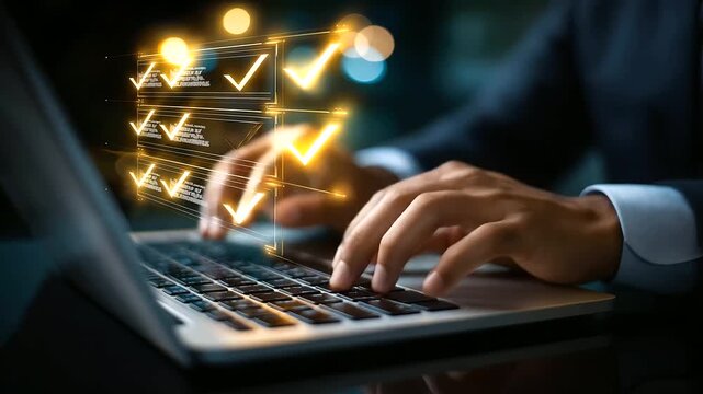 Faceless person typing with policies overlay, defocused compliance checklist, regulatory concept, document management technology, legal adherence system, corporate governance visua