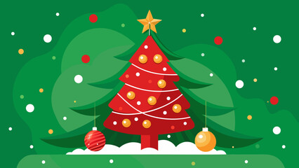 Stylized red christmas tree with ornaments and star on green snowy background