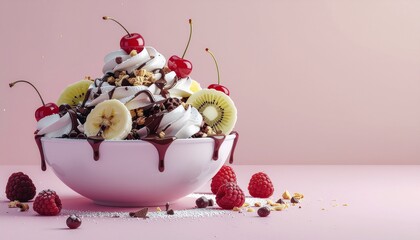 Bowl of fruit and whipped cream dessert on pink background. Ideal for food blogs, recipe cards, instagram posts, and culinary promotions.