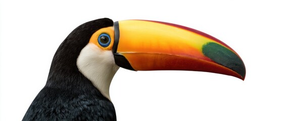 Obraz premium Toucan’s vibrant colorful beak bursts with joyful energy against the calm white background