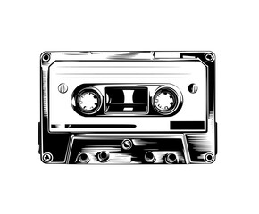 Naklejka premium Echoes Past: Tribute Nostalgia through Classic Cassette Tape Icon | Clean, isolated vector art for creative projects.