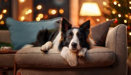 border collie dog relaxes comfortably on a cozy couch in a warm inviting living room during the evening hours