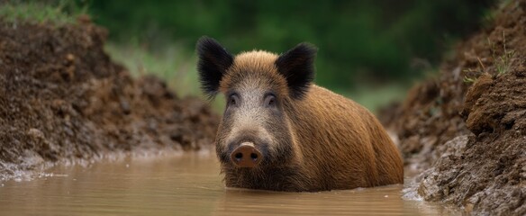 Obraz premium Wild boar indulges in a muddy wallow within its natural environment.