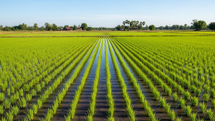 rice field in thailand, Young green onion plants grow in neat rows on fertile farm soil. Agricultural field stretches towards horizon under clear sky. Healthy crop cultivation on rural land.