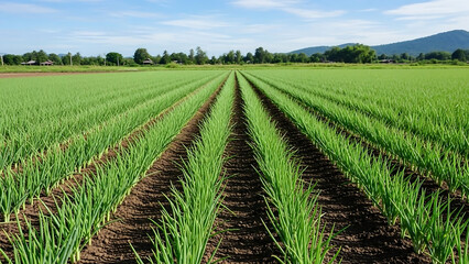 rice field in thailand, Young green onion plants grow in neat rows on fertile farm soil. Agricultural field stretches towards horizon under clear sky. Healthy crop cultivation on rural land.
