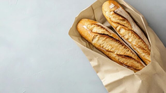 Video Freshly baked baguettes wrapped in a brown paper bag, perfect for a bread delivery or a rustic snack