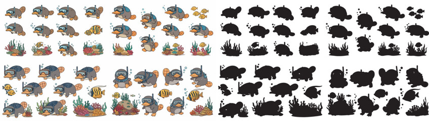 Otters snorkeling with fish and coral reef