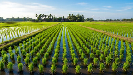 rice field in thailand, Young green onion plants grow in neat rows on fertile farm soil. Agricultural field stretches towards horizon under clear sky. Healthy crop cultivation on rural land.