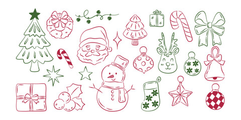 Hand-drawn retro Christmas line art set featuring Santa, snowman, tree, reindeer, candy canes, gifts, and holiday ornaments.
