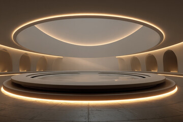 futuristic modern architectural interior with illuminated arches and a central stage