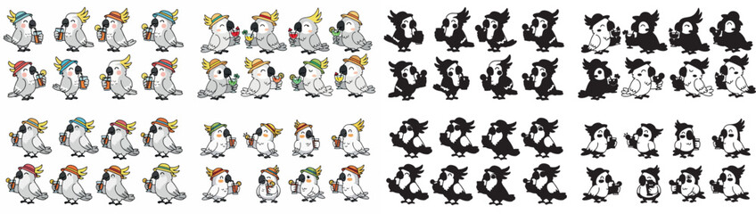 Cockatoos with drinks in various poses with transparent background