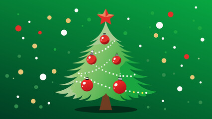 Festive christmas tree decorated with red ornaments and twinkling lights on green background
