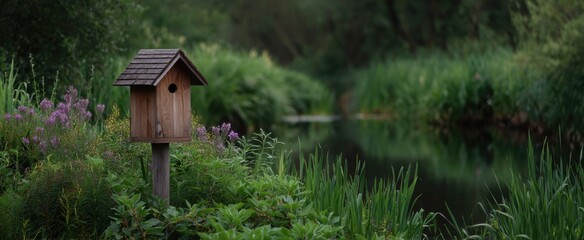 Obraz premium Wood duck nesting box placed in verdant tranquil wetland environment with abundant vegetation